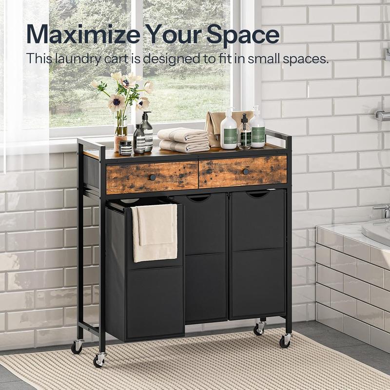 Laundry Sorter 3 Section, 130L Laundry Hamper with 2 Drawers, Rolling Laundry Basket, Pull-Out and Removable Laundry Bags for Laundry Room Organization, Rustic Brown and Black BF78XY01