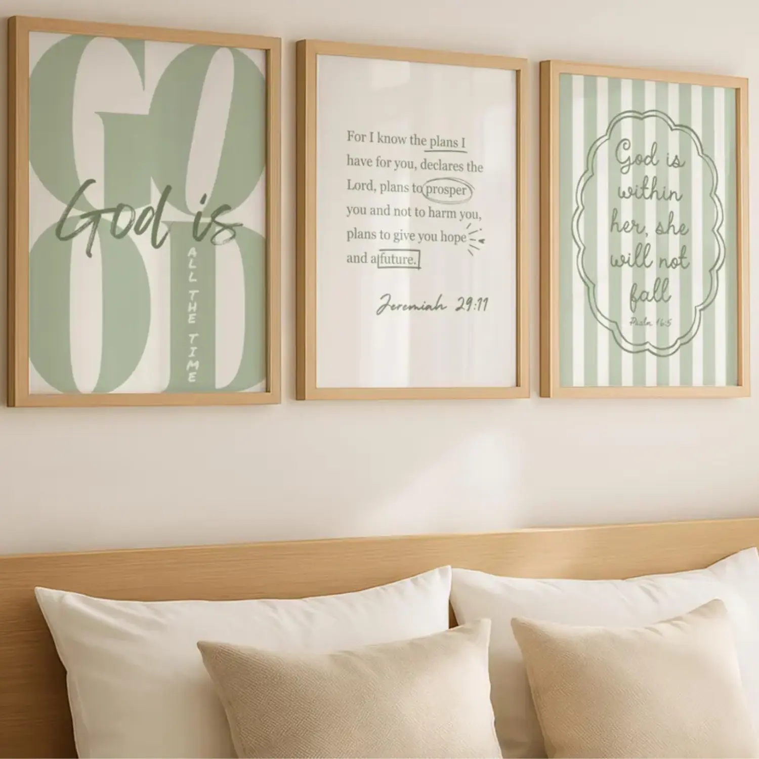 Set of 3 Sage Green Girly Christian Wall Art, God is Good All The Time Print, Christian Posters For Teens God Is Within Her She will Not Fall