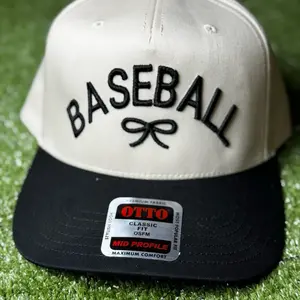 KC Kreations BASEBALL Embroidered OTTO Hat - Classic Sporty Cream & Black Two-Tone Cap with Bold Embroidery & Dainty Bow Detail