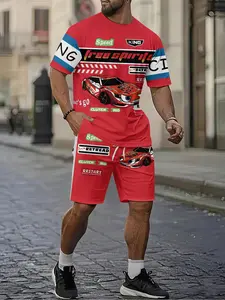 Men's 3D Digital Printed Two-Piece Set with Racing Elements, 2Pcs, Trendy and Fashionable Set, Trendy Retro Casual Two-Piece Set, Vacation Style Trendy Outfit, Breathable Sporty Casual Style, a Perfect Holiday Gift for Men