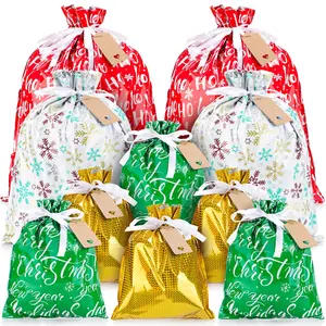 10 PCS Christmas Drawstring Gift Bags with Tags, Assorted Size Xmas Gift Bags Set in Bulk, Large Medium Small Made of Food-Grade Aluminized Polymer, Reusable Eco-Friendly Drawstring Sacks for Holiday Wrapping & Party Favors
