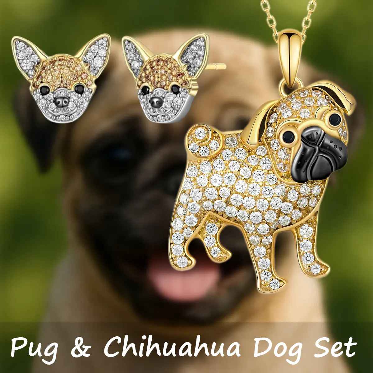 Cute Pug Dog Jewelry Set for Women and Girls, 3-Piece Gold-Tone Alloy Pendant Necklace and Stud Earrings, Daily Wear Gift, Animals