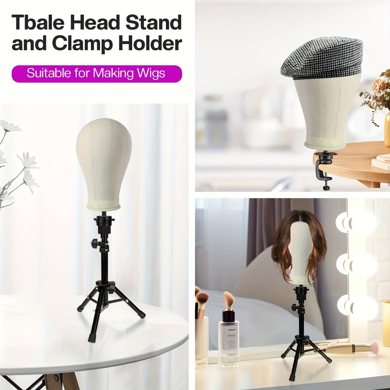22" Canvas Cork Wig Mannequin Head Tripod Set with Table C Clamp Holder, Professional Wig Model for Making Styling Drying & Hair Replacement stand