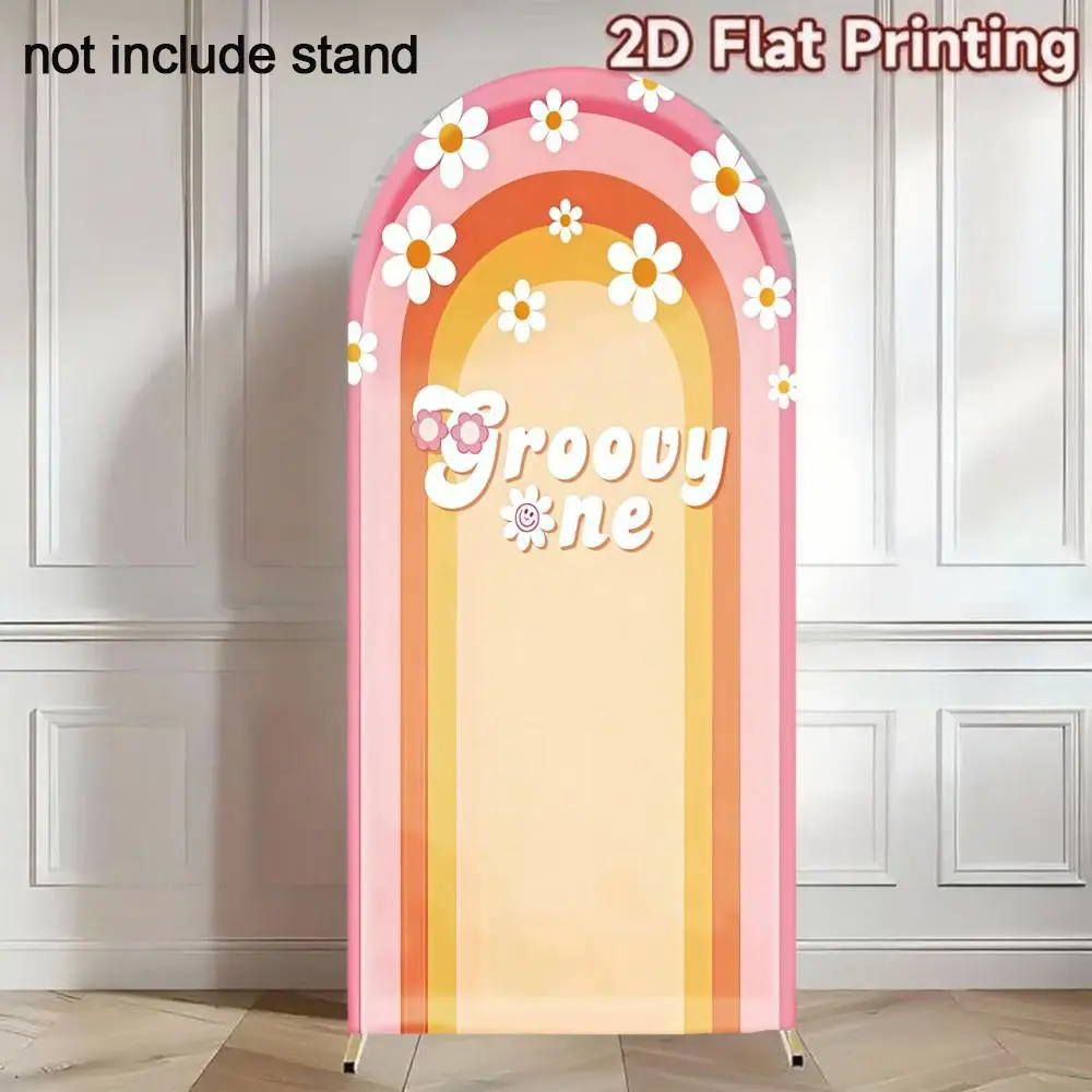 Rainbow Daisy Flower Girls Groovy Birthday Party Arch Covers Stretchy Backdrop, Pink Stripes Retro 60s 70s Design, for Girls Kids Baby Shower First Birthday Party Photo Backdrop, Decorative Banners, Party Background Decoration
