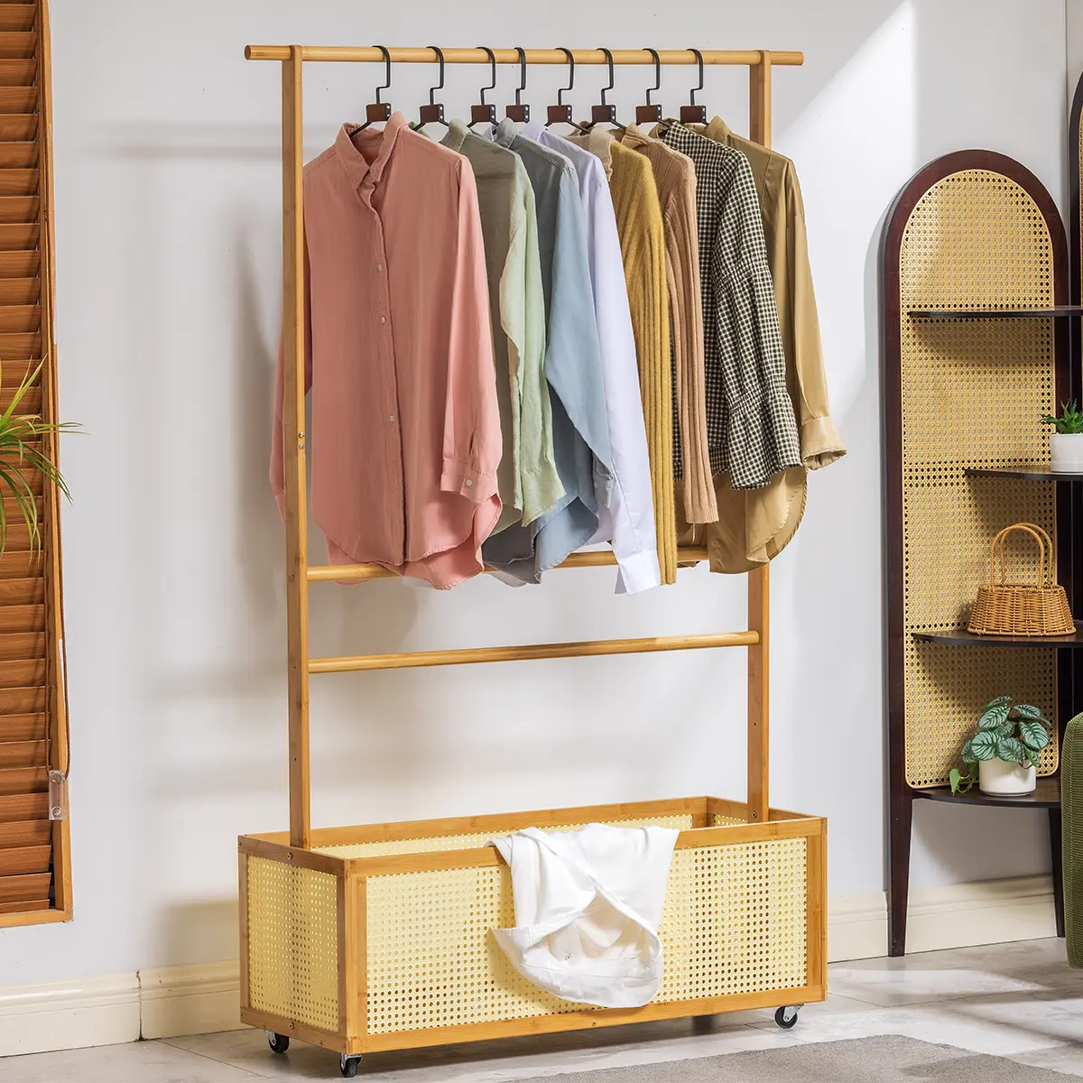 Bamboo freestanding clothes hanger with storage boxes, multi-functional clothing organizer, suitable for guest rooms, children's rooms, baby rooms and hallways Racks Hanging Hangable