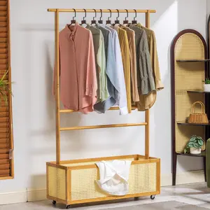 Bamboo freestanding clothes hanger with storage boxes, multi-functional clothing organizer, suitable for guest rooms, children's rooms, baby rooms and hallways Racks Hanging Hangable