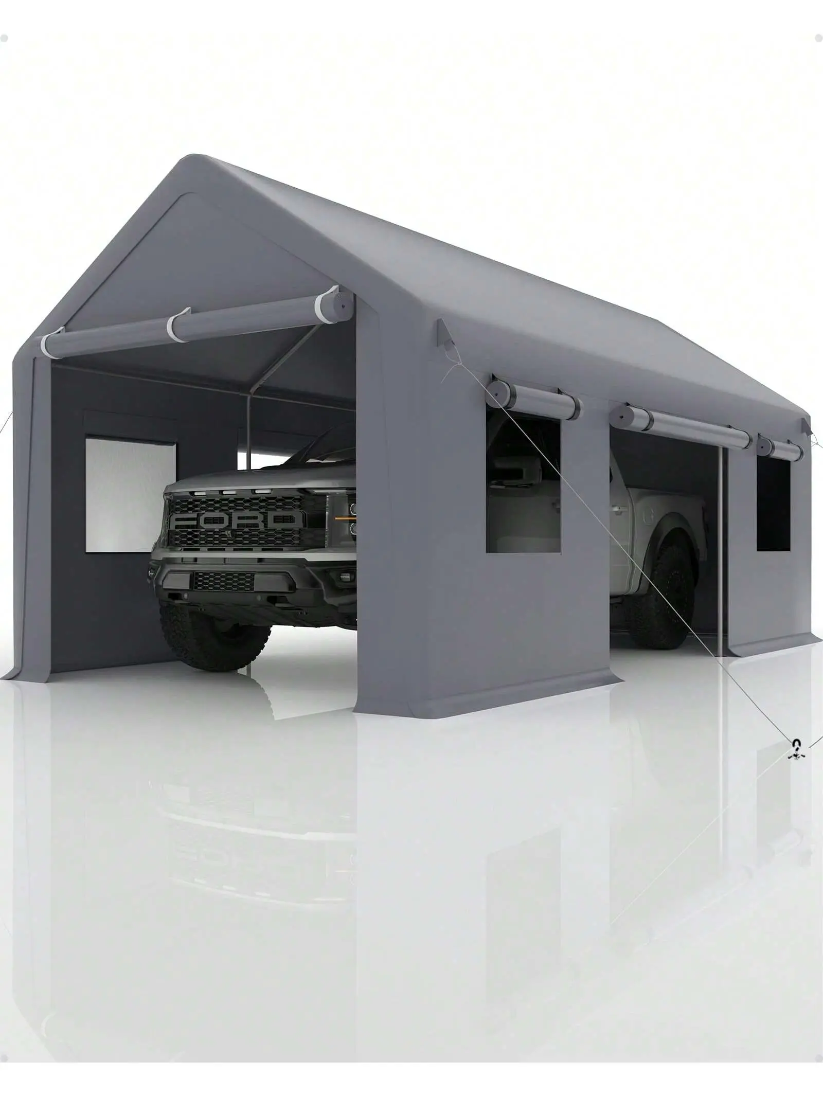 Gaomon Sturdy Metal Frame Canopy, 12x20 Ft Outdoor Party Carport with 200g PE Tarp, Roll-Up Doors, 4 Roll-Up Mesh Windows, Anchors, Large Storage Space, Suitable for Full-Size Pickups, SUVs, Sedans (Gray)