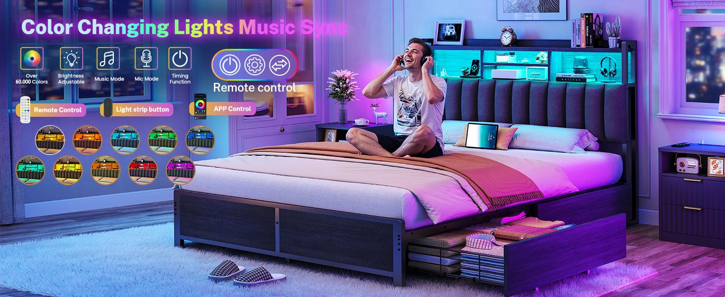 Queen Bed Frame with LED Lights & Charging Station, Metal Platform Bed Frame with 2 Tier Storage Headboard, Under Bed Storage, No Box Spring Needed, Outlet Mute Strips, Soft Backrest, Easy Assemble Queen Bed Frame with LED Lights & Charging Station, Metal Platform Bed Frame with 2 Tier Storage Headboard, Under Bed Storage, No Box Spring Needed, Outlet Mute Strips, Soft Backrest, Easy Assemble