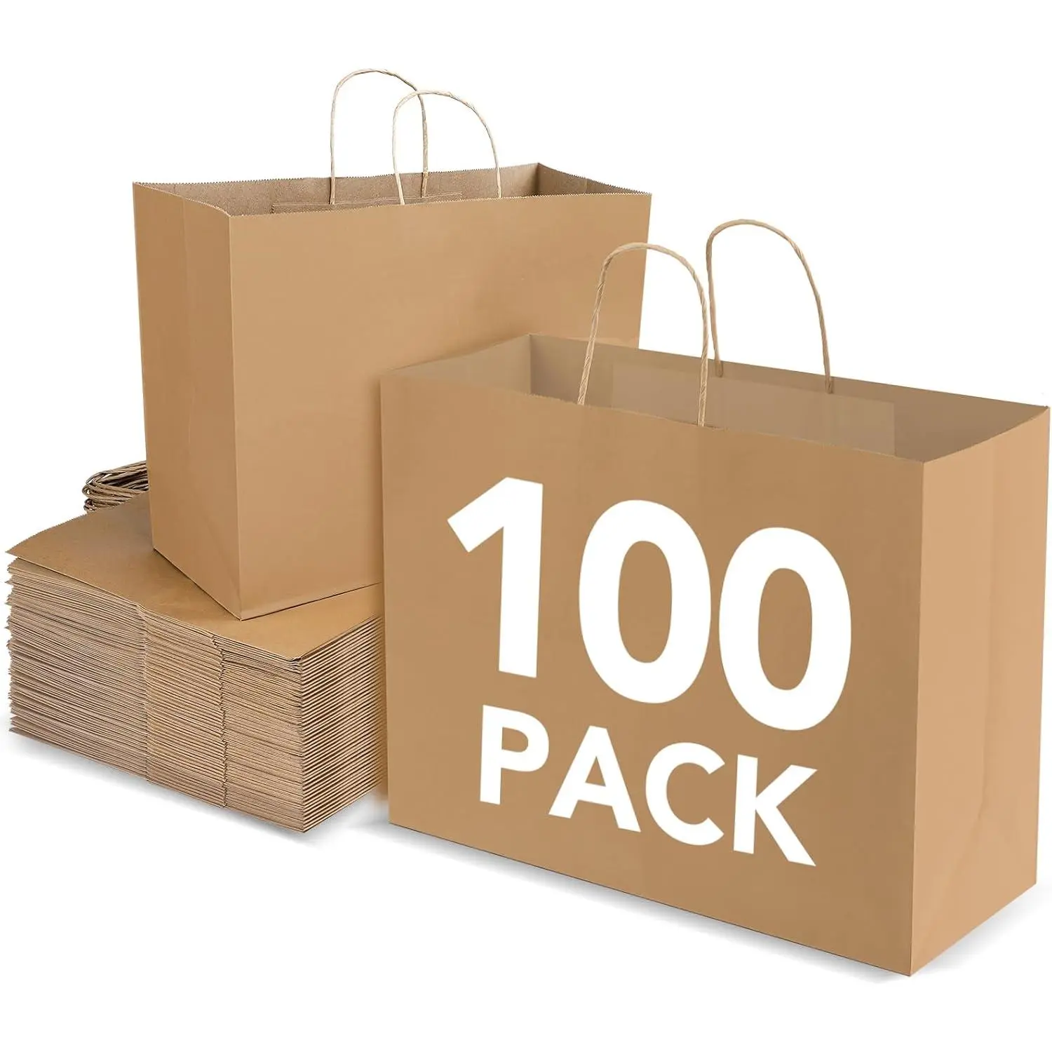 16x6x12 Inch 100 count Large  Paper Bags with Handles Bulk, Brown   Shopping Bags for Small Business Boutique Retail Grocery
