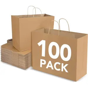 16x6x12 Inch 100 count Large  Paper Bags with Handles Bulk, Brown   Shopping Bags for Small Business Boutique Retail Grocery