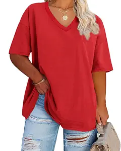 Fessceruna Women's Plus Size V Neck T Shirts Summer Half Sleeve Tees Casual Loose Fit Cotton Tunic Tops