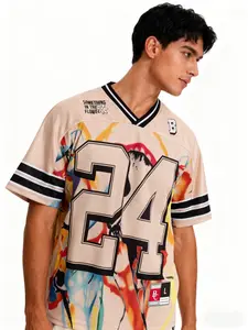 Men's V-Neck Casual Long Sleeve Top, Loose-Fitting Cartoon Print Basketball Tee, Quick-Dry Workout Summer Clothes Sportswear for Men & Women