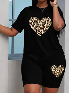 Women's Elegant 2-Piece Set, Womenswear, Short Sleeve Round Neck Top & Shorts, Solid Color Heart Print, Casual Daily Home Sportwear Everyday