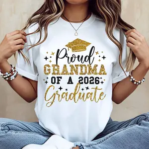 Proud Grandma Of A 2026 Graduate Graduation Cap And Stars Print T Shirt White Casual Loose Fit Tee For Women Perfect For Graduation Celebration And Everyday Wear