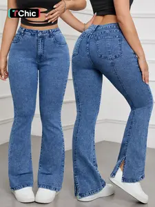 Women's Denim Split Thigh Tight-Fitting Comfortable Long Pants, Spring Summer Fashion Casual Elegant High Rise Bootcut Jeans, Versatile Stylish Ladies' Trousers
