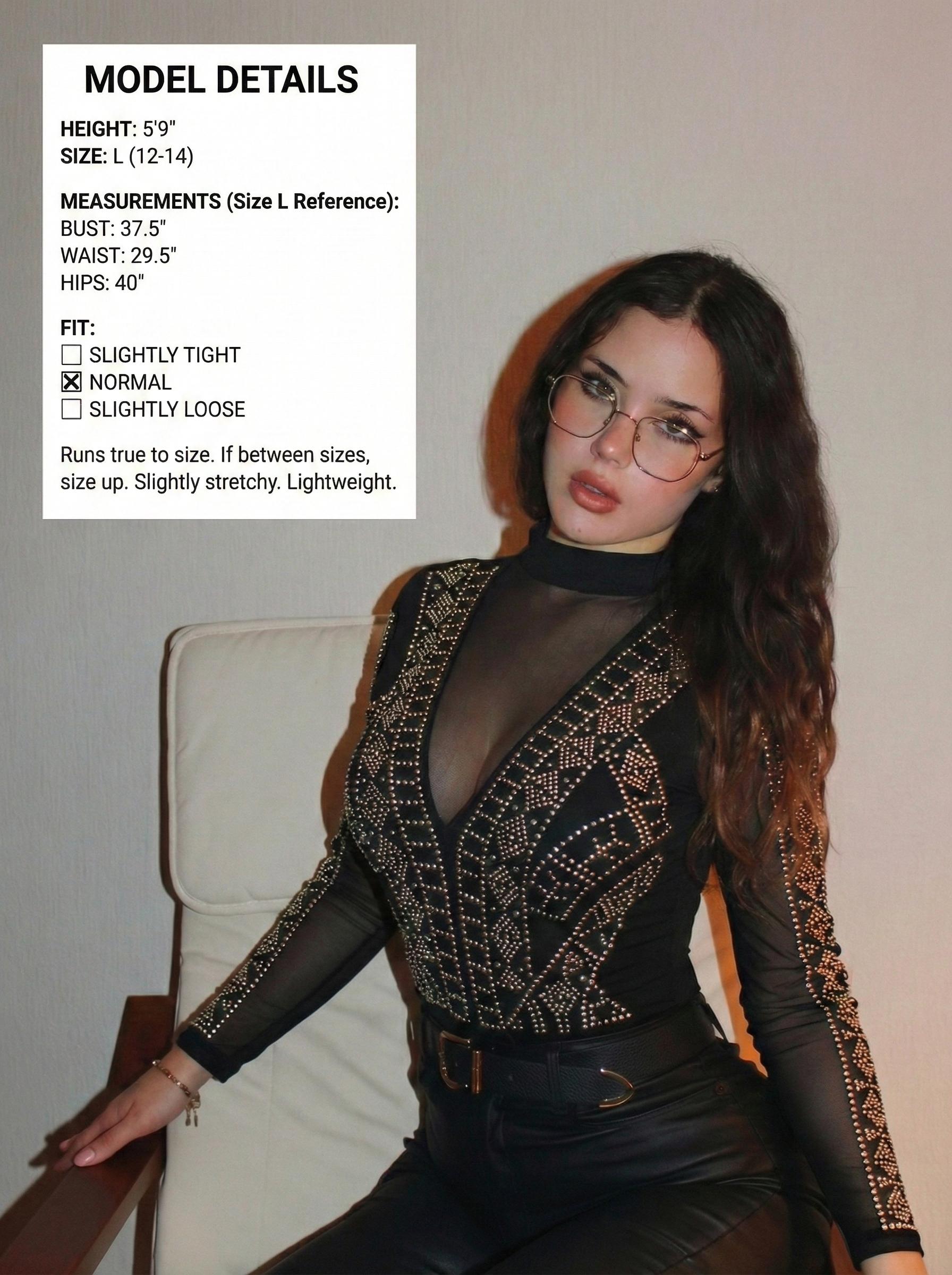 Women's Viral Sheer Mesh Turtleneck Neck See Through Leotard Bodysuit Body Top，Elegant Rhinestone Mesh Bodysuit，Silver Studded Sheer Long Sleeve Top，Staple，party.