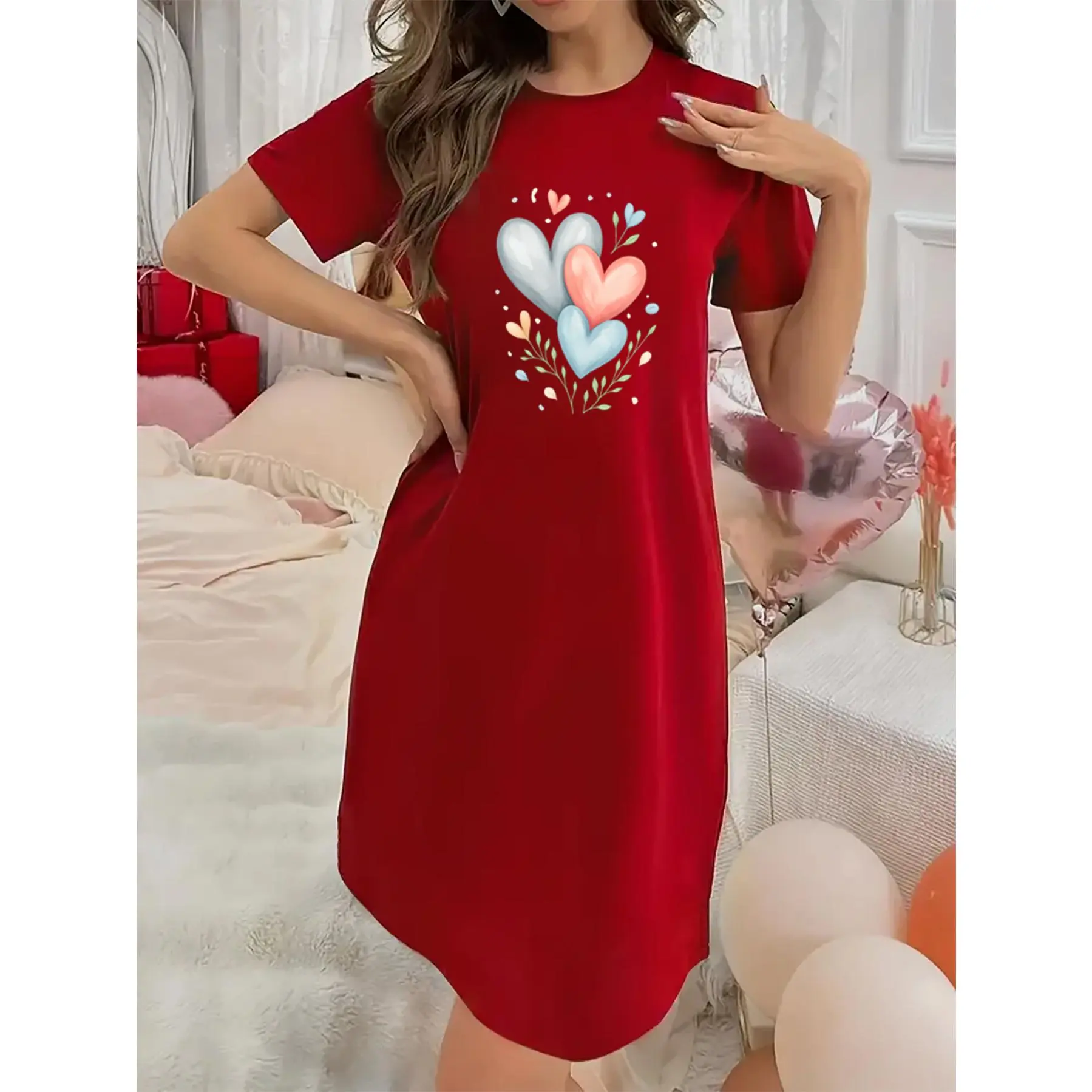 Soft Micro Stretch Women's Lingerie Gray Red Blue Heart Printed Short Sleeve Round Neck Nightgown Sexy Elegant Young Style Women's Valentine's Day Dress Mother's Day Christmas Thanksgiving New Year Gift Ideas
