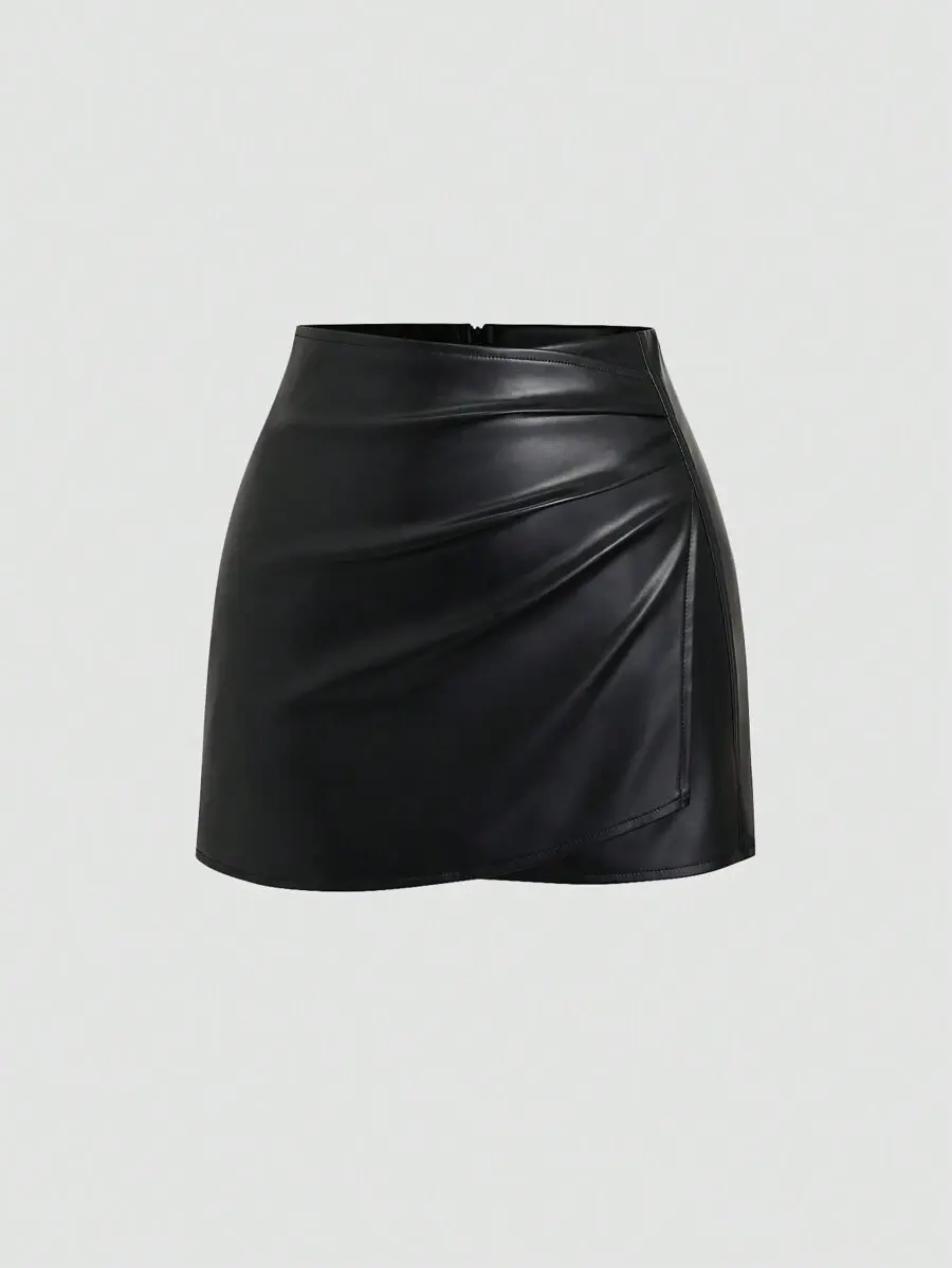 LUNA LAYER Womens Retro Style PU Leather Wrap Bodycon Mini Skort