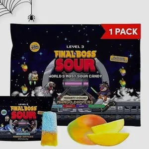 Final Boss Sour Fun Dip, Blue Raspberry, 1 Pack, Level 3, Extreme Super Sour Powder with Real Candy Tasting Dried Mangoes, All Natural 80s & 90s Party Candy, Snack for Kids, Teens, Adults & On the Go