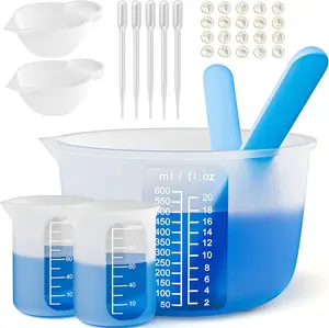 Large Silicone Resin Measuring Cups Tool Kit -  Reusable 600ml & 100ml Measure Cup, Silicone Stir Sticks Pipettes Finger Cots for Epoxy Resin Mixing, Molds, Jewelry Making, Waxing, Easy Clean