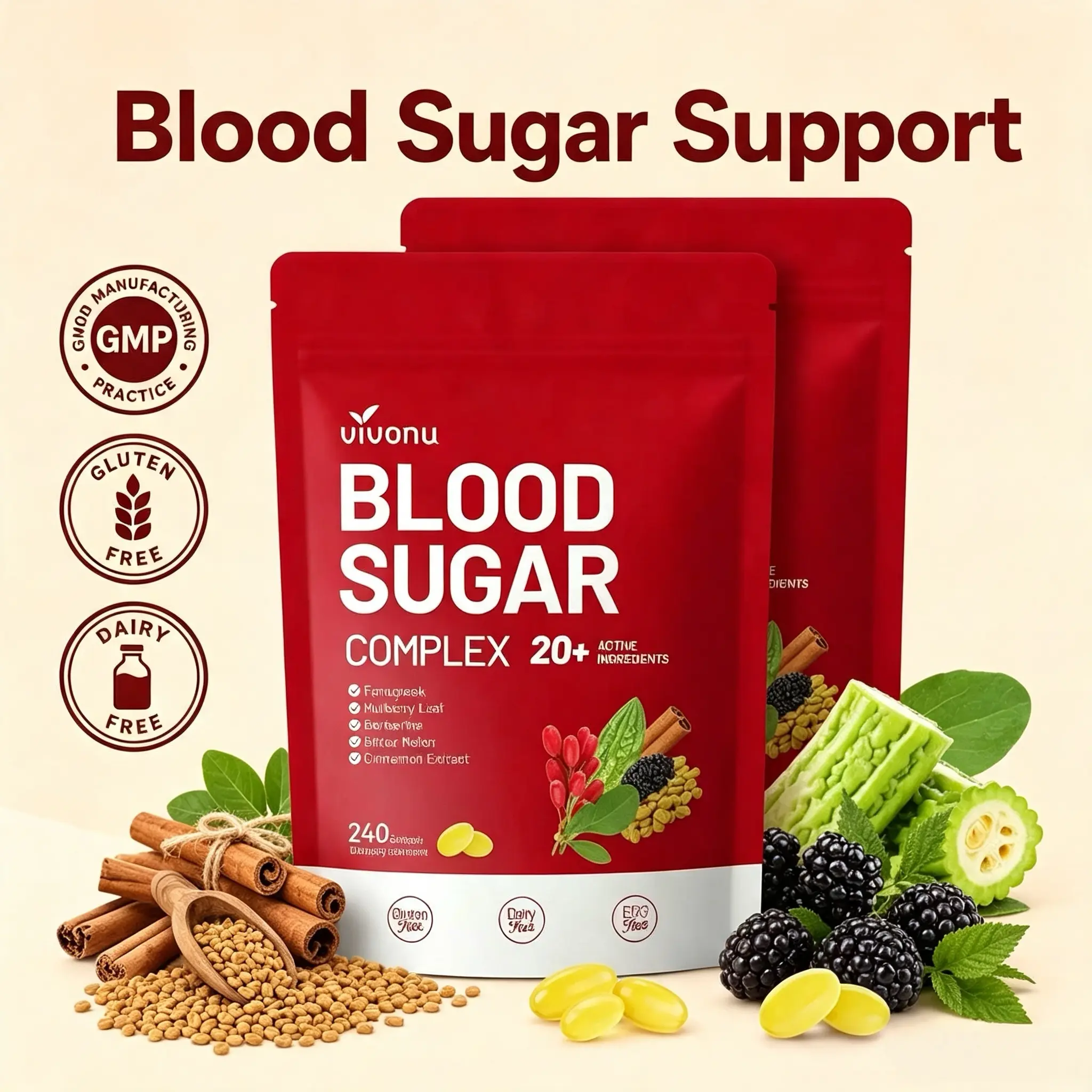 VivoNu BLOOD SUGAR COMPLEX –Blood Sugar Balance | Antioxidant Support | Metabolic Support | Enhanced Absorption | Bitter Melon + Turmeric + Cinnamon + Mulberry Leaf + Berberine + Fenugreek | 240 Capsules per Bag,travel essentials