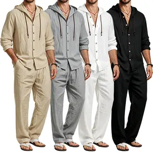 Men’s casual two-piece set available in multiple colors: drawstring hooded long-sleeve shirt made from linen with a smooth drape, wrinkle resistance, and skin-friendly fabric paired with straight-leg pants; relaxed vacation-style outfit for everyday outin
