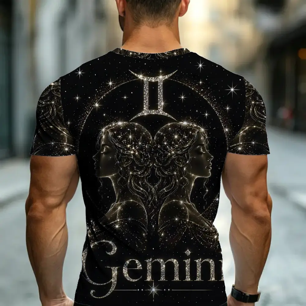 Gemini zodiac starry rhinestone print short sleeves, unisex crewneck loose T-shirt, black background with galaxy Gemini constellation birth chart design for good fortune, trendy summer casual top that’s versatile and easy to match