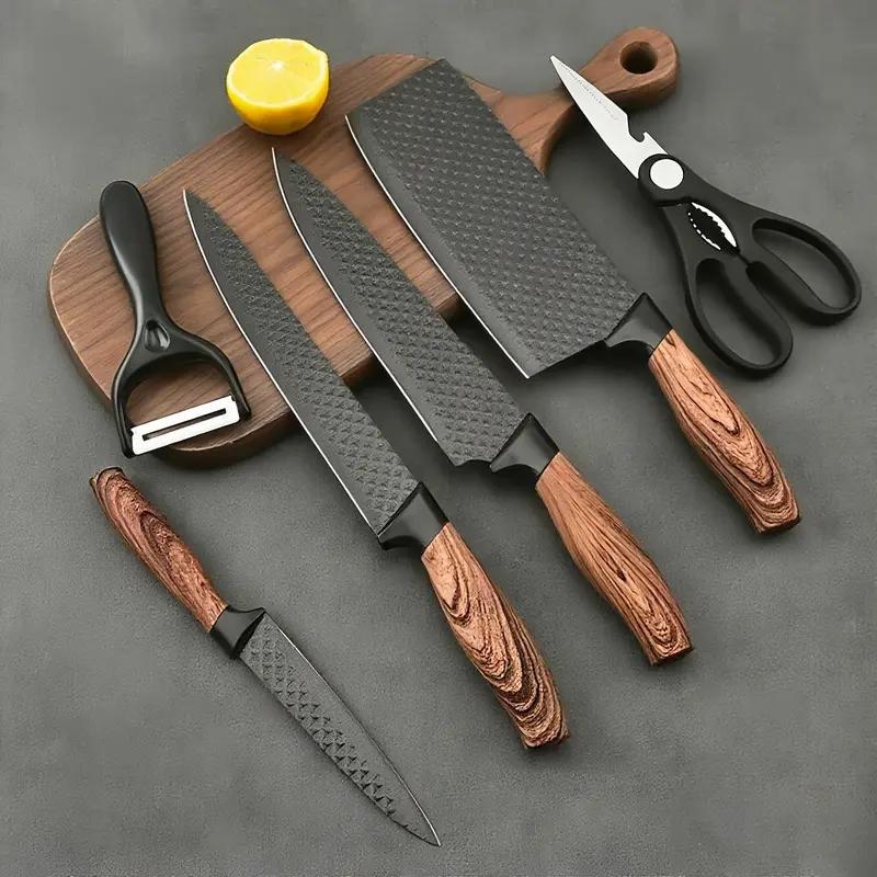 6-Piece Black Diamond Texture Kitchen Knife Set with Wooden Handle | Ultra Sharp Stainless Steel Chef Knives, Cleaver, Scissors & Peeler, Non-Stick Coating, Ideal for Home Cooking & Gifts