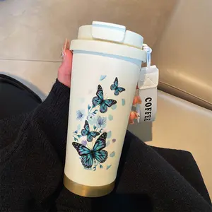 Blue Butterfly Coffee Cup Set, 530ML Stainless Steel Vacuum Insulated Travel Mug with Straw and Lid, Tumbler with Lid, Double Wall Insulated, Hot & Cold Drinks, Office Outdoor Camping