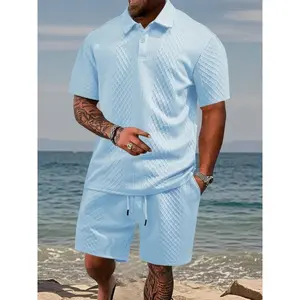 Please Purchase A Size Up.Men's Solid Polo Shirt & Drawstring Waist Shorts Set, Cozy Breathable Two-piece Outfits for Daily Outdoor Wear, Men Clothes for Summer.