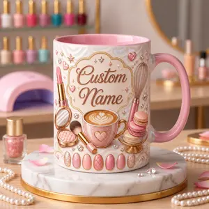 Personalized Fashion Beauty Mug, 2D Printed 3D Effect Pink Makeup Ceramic Coffee Cup with Latte and Macaron Design, Cute Vanity Mug for Beauty Lovers and Best Friends, Perfect Birthday Appreciation Gift