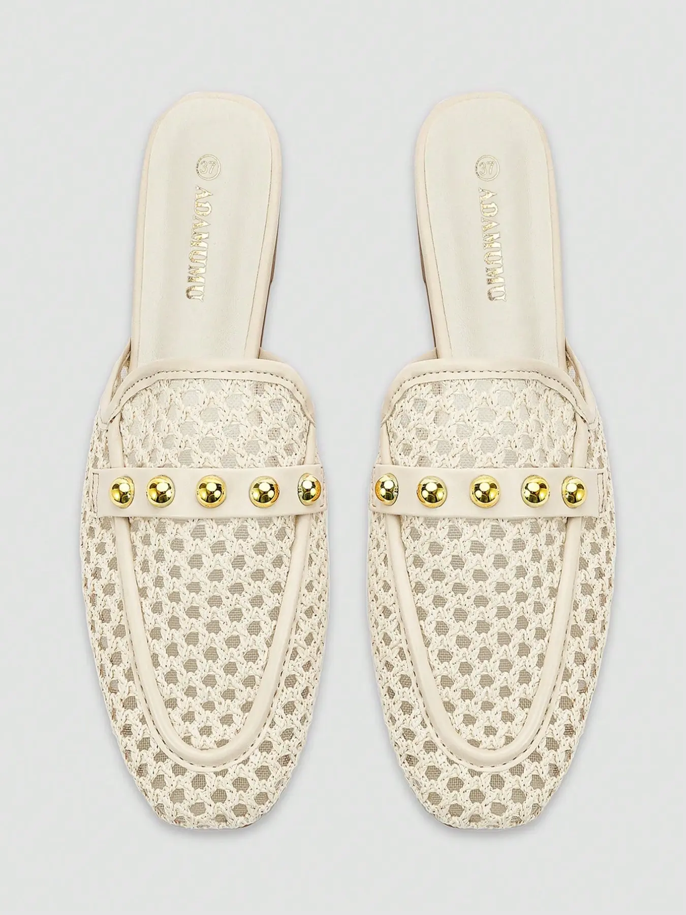 Adamumu Summer New Luxurious Casual Mesh Woven Mules, Studs Square Toe Flat Shoes, Breathable Cool Comfort for Daily Wear