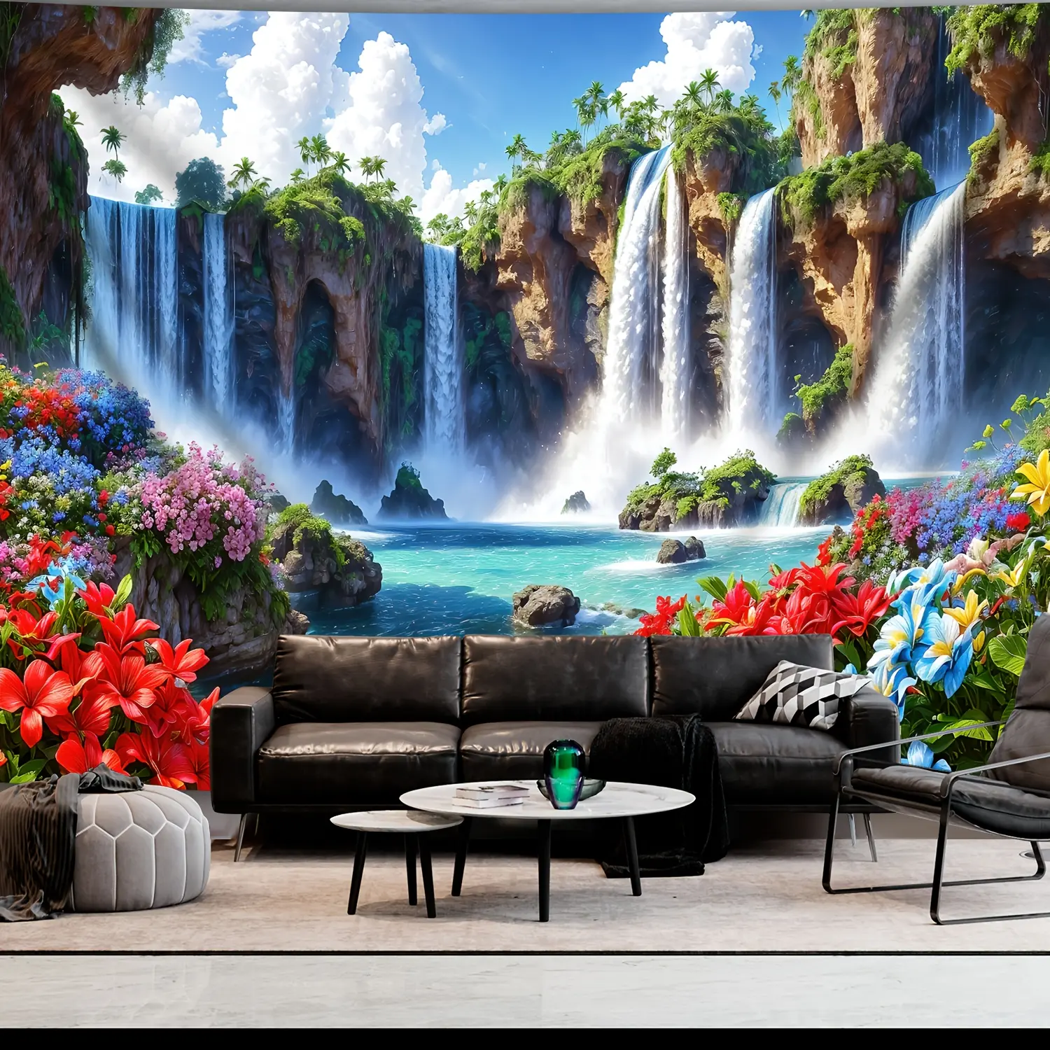 1pc Large Landscape Waterfall & Flower Tapestry - Vibrant Polyester Wall Hanging with Tropical Falls, Lush Greenery, and Colorful Blooms - Ideal for Living Room, Bedroom, Office Decor - Easy Installation, Office Decoration |   Natureinspired Decor | summe