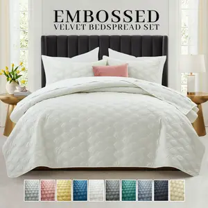 Ultrasonic Embossed Lydia Velvet Bedspread Set – Lightweight Quilted Coverlet with Shams, All-Season Comfort, Machine Washable(Twin – 1 Pillow Sham, Queen & King – 2 Pillow Shams)