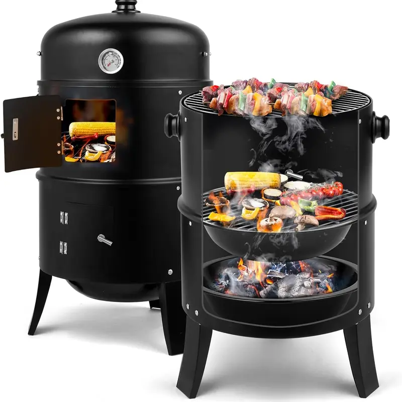 Zimtown 3-in-1 Vertical Iron Barrel Charcoal BBQ Grill, 17-in Portable Outdoor Barbecue Cooker with Built-in Thermometer, Large Cooking Space, Sturdy Hooks for Camping, Backyard Use