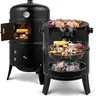 Zimtown 3-in-1 Vertical Iron Barrel Charcoal BBQ Grill, 17-in Portable Outdoor Barbecue Cooker with Built-in Thermometer, Large Cooking Space, Sturdy Hooks for Camping, Backyard Use