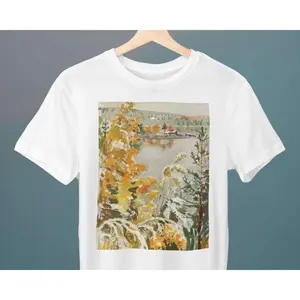 Men's autumn landscape with first snow Graphic T-Shirt - Short Sleeve Crew Neck Regular Fit Casual Wear | Soft & Breathable Fabric, Durable Print, Everyday Comfort, Machine Washable, impressionist painting a serene lake surrounded by trees in autumn