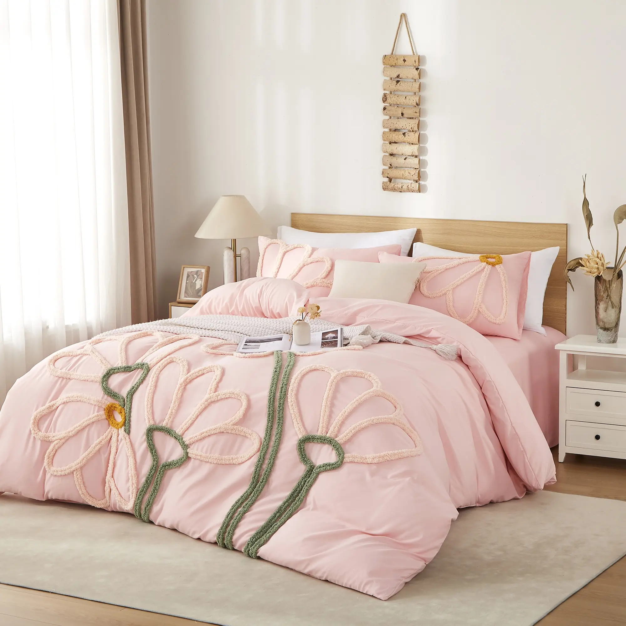 Flower shadow pattern Duvet Cover Set, Boho Tufted Comforter Sets with Zipper Closure, Including1 Duvet Cover & 1/2 Pillowcase without Filler, Soft Comfortable Bedding Set for Home Bedroom, Breathable Duvet Set, Microfiber Duvet Cover
