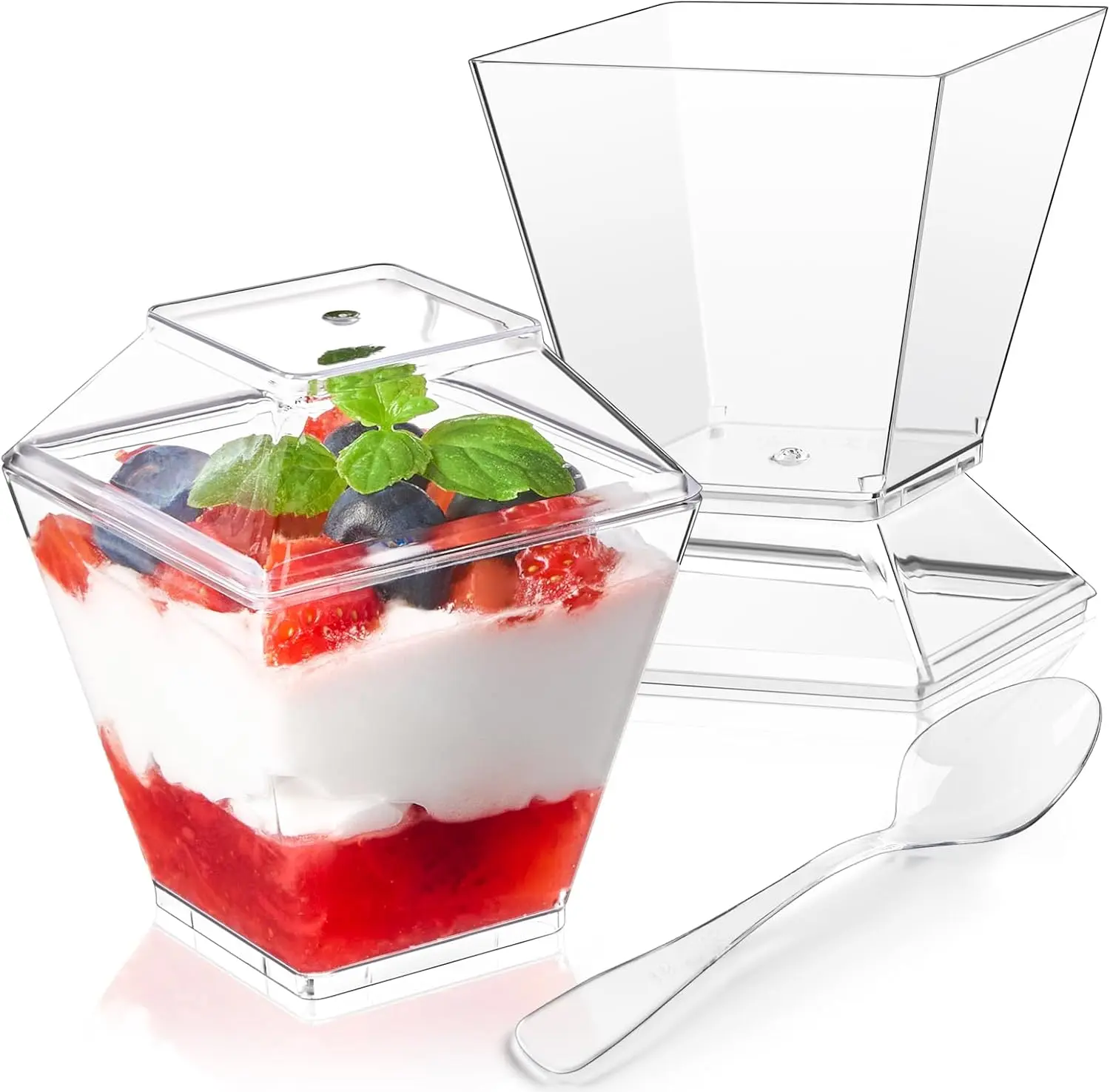 50 Pack 3.5 oz Mini Dessert Cups with Lids and Spoons, Clear Plastic Square Appetizer Cups, Reusable Shooter Cups for Parfait, Pudding, Fruit, Dessert Table Supplies for Party, Wedding, Catering