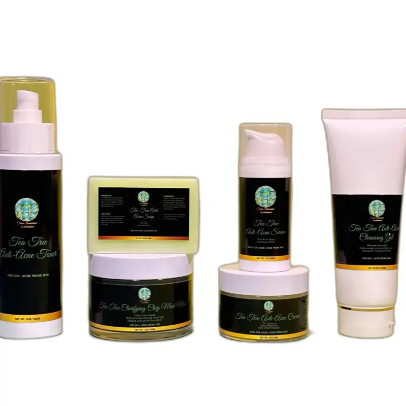 This is the Joux Skincare Tea Tree Anti-Acne product line, which includes a cleanser, toner, serum, clay mask, and bar soap designed for oily, acne-prone skin.