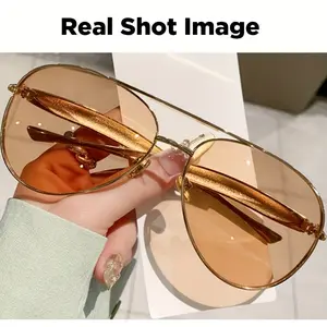2025 New Women'S Oversized Double-Bar Metal Frame Fashion Glasses - Retro Y2K Style, Golden-Tone, Clear Lenses Wrap Around Sunglasses