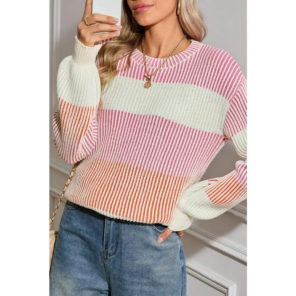 Brown Colorblock Lantern Sleeve Rib Knitted Sweater