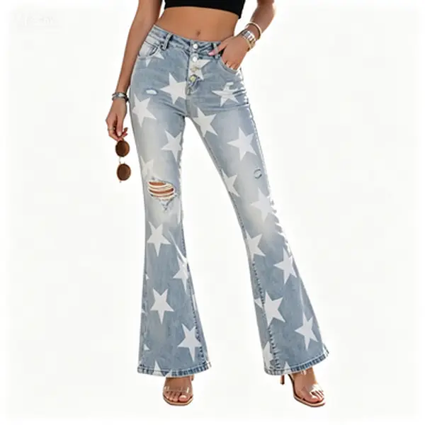 EMMIOL Jeans for Women High Waisted Women's Jeans with Star Patches, Vintage Y2K Denim Pants,Flare Style