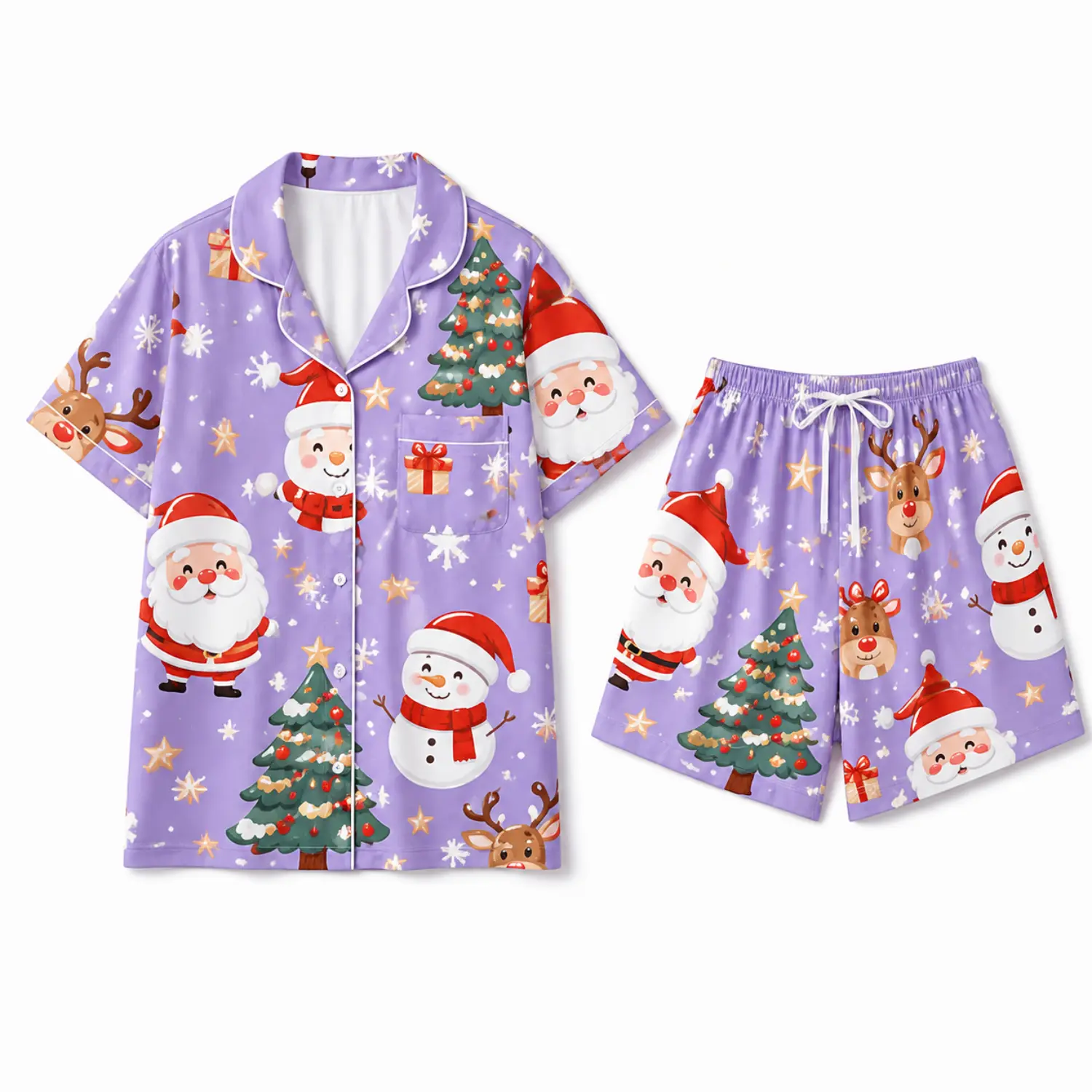 Christmas Print Short Sleeve Pajama Set with Button Front Shirt and Elastic Waist Shorts for Holiday Sleepwear