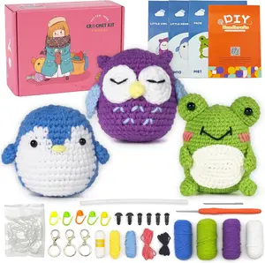 Crochet Kit for Beginners, Penguin, Owl, Frog-3  , Knitting Kit for  Adult with Step-by-Step Video Tutorials and Yarns, Hook, Accessories