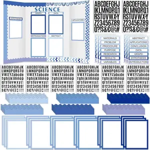 92 Pcs Science Fair Board Supplies 60 Trim Scalloped Poster Boards 18 Presentation Subtitles 6 Project Titles 8 Letter Sticker for Classroom Display Boards(Blue Tone,Wave)