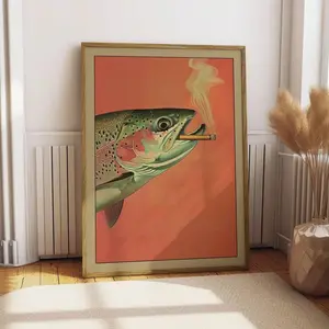 Trout Smoking a Cigarette Vintage Poster Art Funny Retro Whimsical Print Cabin Wall Decor Outdoor Sports Fisherman Illustration Gift for Dad | Unframed L