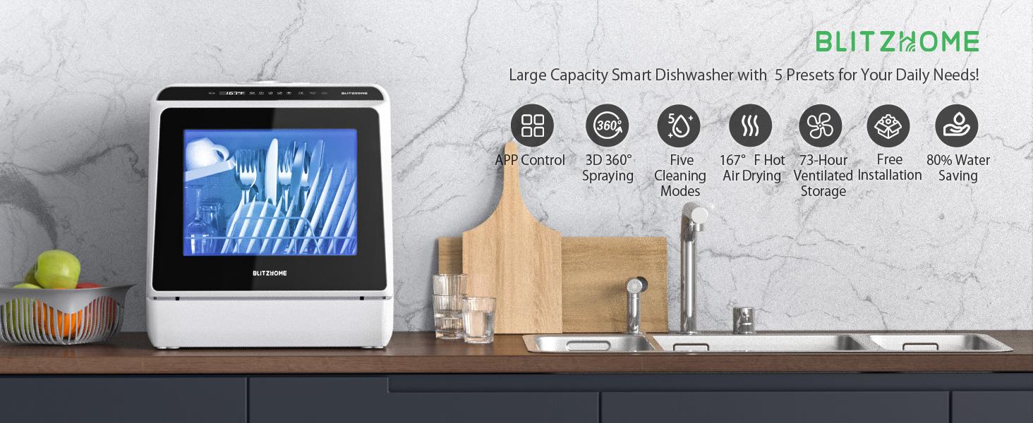 Countertop Dishwasher, BLITZHOME WiFi Smart App Control 6 Programs Portable Mini Dishwasher with 5L Built-in Water Tank, 360° Dual Spray, High-Temp & Dry, Delay Start Function, Compact Tabletop Dishwashers for Kitchen, Apartment, Camping, RV