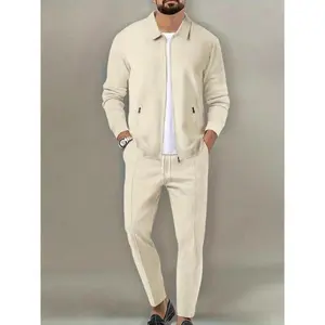 Sporty Two-piece Set Men's Plain Zip Up Jacket & Drawstring Waist Pants Tracksuit Set, Sports Long Sleeve Collared Outerwear & Pocket Elastic Waist Trousers, Men's Sportswear for Gym Workout Running Athletic,  Fall Athleisure  Outfits