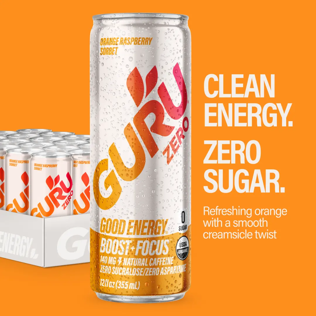 GURU ZERO SUGAR Organic Energy Drink, Orange Raspberry Sorbet with Plant Based Natural Caffeine from Green Tea, Coconut Water, Prebiotic, Zero Added Sugars, Gluten Free & Vegan, Pre Workout Beverage, 140MG Caffeine, 12 Oz (Pack of 24)
